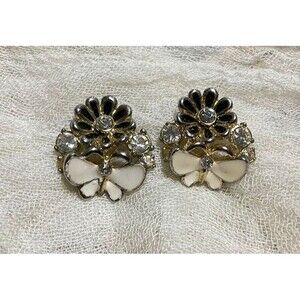 Cream and Black Floral Enamel Pierced Earrings with Rhinestones.